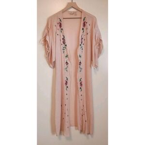 Daytrip Blush Floral Embroidered Kimono Duster Cinch Sleeve Boho Festival Medium